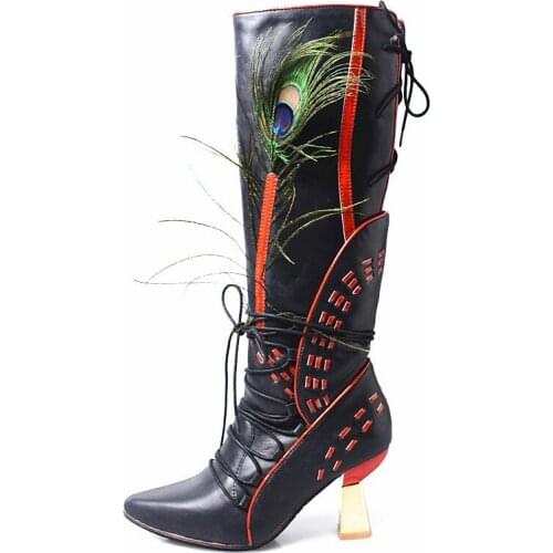 Fashion Runway Peacock Feather Genuine Leather High Boots Women 2020 New High Heel Pointed Toe Winter Lace Up Ladies Boots Shoes