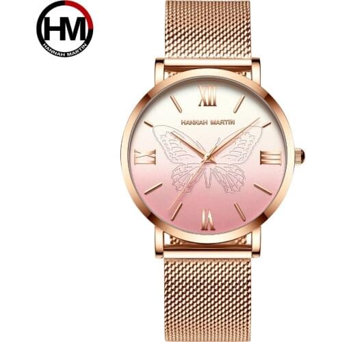 Hannah Martin Women Wrist Watch Luxury Rose Gold Designer Watch Female Creative Butterfly Clock for Lady Slim relogio feminino