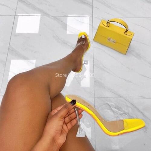 Hot Selling Green PVC Sandalias Mujer Lucite High Heels Women Sandals Mules Women Shoes Open Toe Party Women Shoes