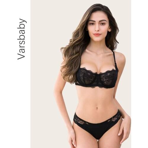 Varsbaby womens sexy 2 pc bras+G-strings unlined floral lace 1/2 cup transparent bra and thongs set