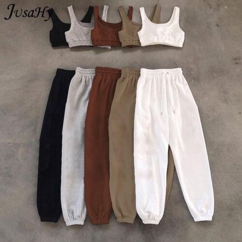 JusaHy Simple Cotton Casual Solid Slim Stretch Two Piece Sets Women Sports Crop Top+High Waist Lacing Slack Streetwear Tracksuit