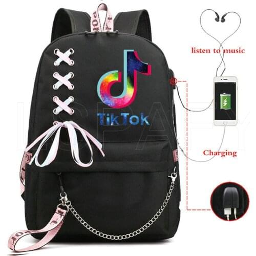 Usb Charger Fashion TIK TOK Women backpack Cute Girls College Preppy Shoulders Back Pack Waterproof Nylon Bags