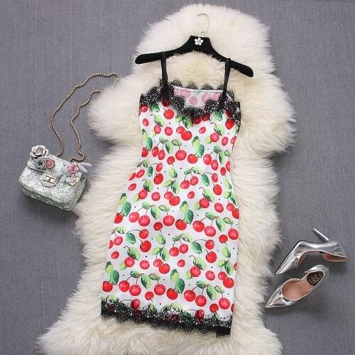 [Alphalmoda] Summer Women Boho Printed Lace Patchwork Spaghettie Strap Dress Sexy Ladies Satin Casual Beach Sundress