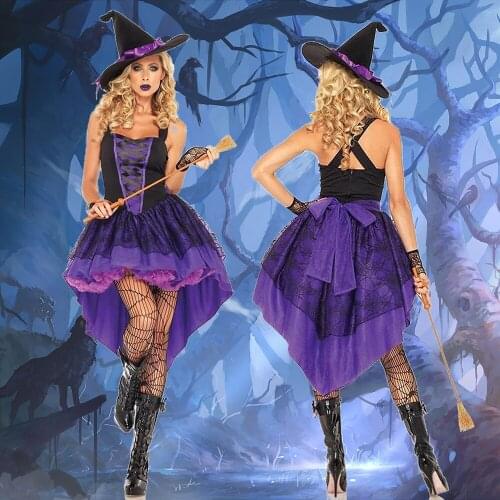 Halloween Purple Witch Queen Cosplay Sling Lace Up Sleeveless Tube Dress Sexy Women Deluxe Irregular Swallowtail Dress With Hat
