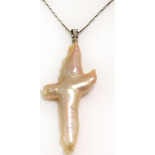 18 inches 30-50mm Natural Pink Freshwater Cultured Cross Pearl Sterling Silver Pendent Necklace
