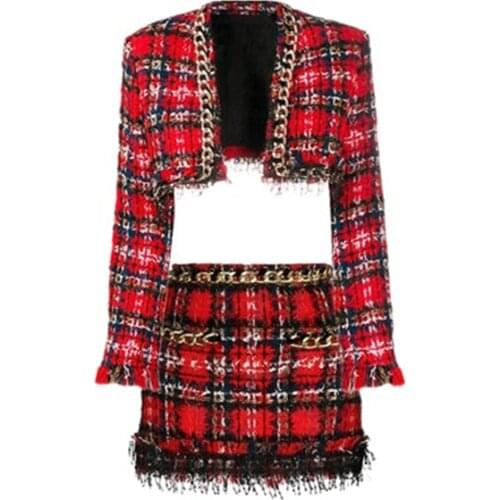 2021 Spring WomenS Tweed Plaid Set Sexy Long-Sleeved Metal Chain Fringed Sequined Short Coat And Mini Skirt 2 Two-Piece Suit