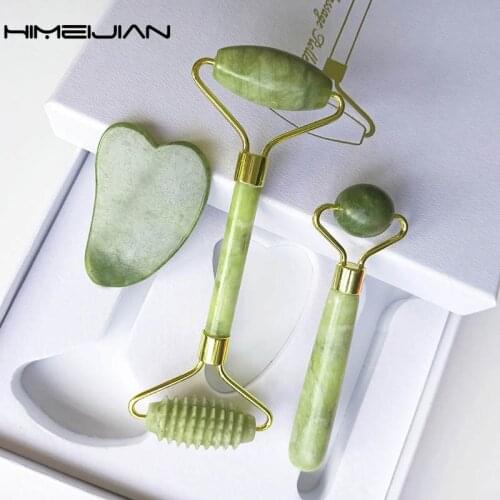 3pcs Massage Set with Gift Box Gua Sha Jade Roller Facial Massage Roller Natural Stone Face Massager Health Beauty SkinCare Tool
