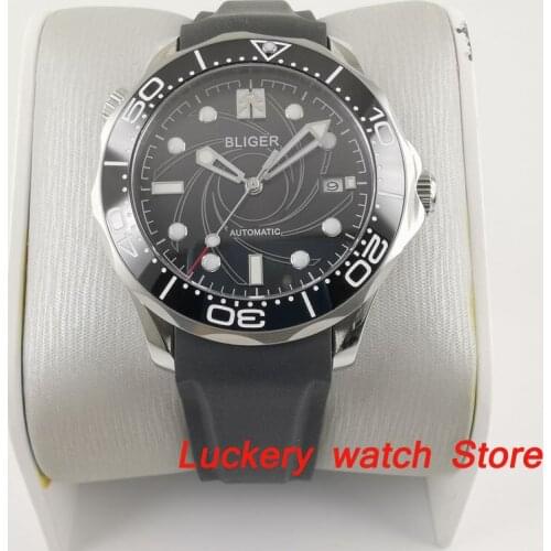41mm bliger luxury mens watch black dial saphire glass；Spin Ceramic Bezel Rubber strap Automatic movement mens watches