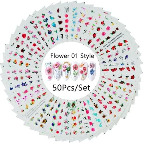 50 Designs Nail Stickers Set Mixed Floral Nail Art Decoration Accessories Water Transfer Decals Tattoos Manicure