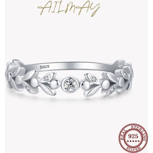 Ailmay Classic Stackable Vintage Lucky Tree Leaf Finger Ring For Women Authentic 925 Sterling Silver Anniversary Jewelry Gift