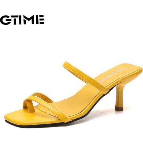 White High Heels Sandals For Summer Narrow Band Heel Vintage Square Toe Concise Ladies Shes Party Yellow Sandals #SJPAE-359