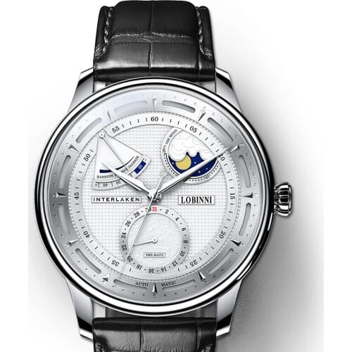 Lobinni Moon Phase Watch Mechanical Automatic Watches Mens Waterproof Stainless Steel Business Male Wristwatch Luminous New