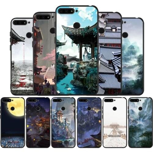 Chinese ancient scenery black Silicone Phone Case For Huawei honor 30 20 Pro 8 8X 9 10 20 Lite Mate 10 20 30 Lite Pro cover