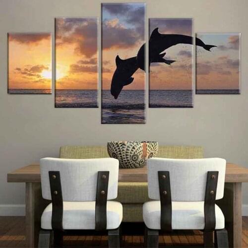Decoration Posters Frame Living Room Wall Art Pictures 5 Panel Animals Dolphins Ocean Sunset Modern Home HD Printed Painting