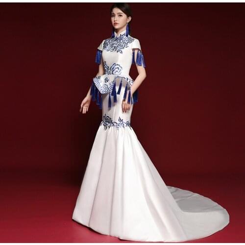 Blue And White Porcelain Cheongsam Long Chinese Evening Dresses Tassel Luxury Oriental Traditional Wedding Qipao Fashion Show
