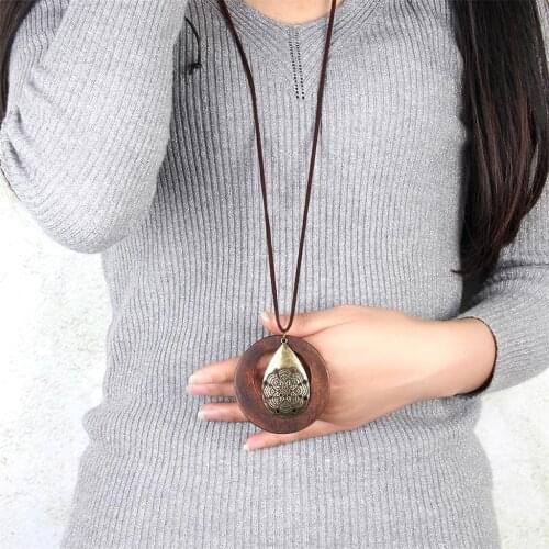 Vintage Style Long Wooden Round Pendant for Pullover PU Cord Choker for