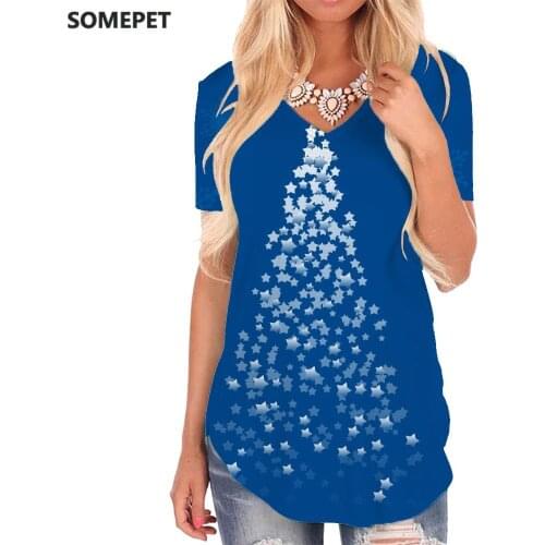 SOMEPET Christmas T-shirt women Trees V-neck Tshirt Snowflake Shirt Print Graphics Tshirts Printed Womens Clothing Hip hop Loose