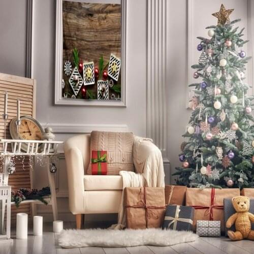 Tapestry Sweets Served on Wooden Table with Pine Leaves Ornaments Baubles Christmas Dinner Photo Brown Red White