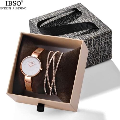 IBSO 2021 New Arrival Women Luxury Watch With Bracelet Fashion Female Crystal Bangle Watch Set Valentines Day Gift For Ladies