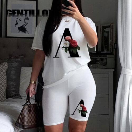Two Piec Set Letter Print Summer Women t Shirts and Elasticity Shorts Set Summer O-Neck Casual Female Biker Shorts Sportwear