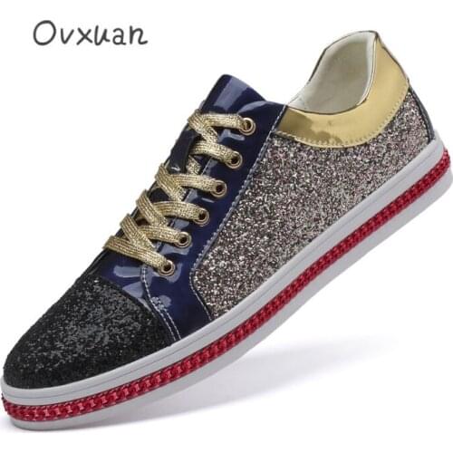 OVXUAN British Style Botas Hombre Shining Sequin Splicing Lace Edge Low Top High Quality Men Shoes Flats Ankle Boots Zapatillas