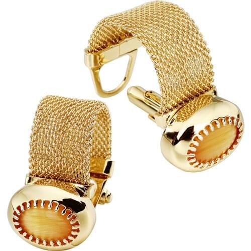 HAWSON Mens Cufflinks with Chain - Stone and Shiny Gold Tone Shirt Accessories - Party Gifts for Young Men (Cats Eye)