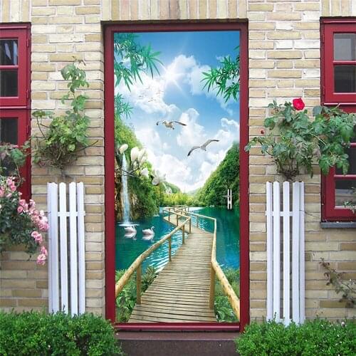 Natural Scenery Home Decoration Door Stickers Wooden Bridge Swan White Dove Bedroom Decoration Door Decals Two Pieces Set