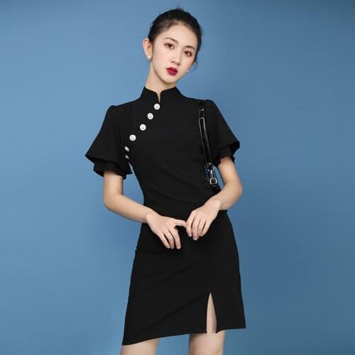 Spring and Summer New Modified Cheongsam Erode Bone Short Slim Girl Young Black Dress