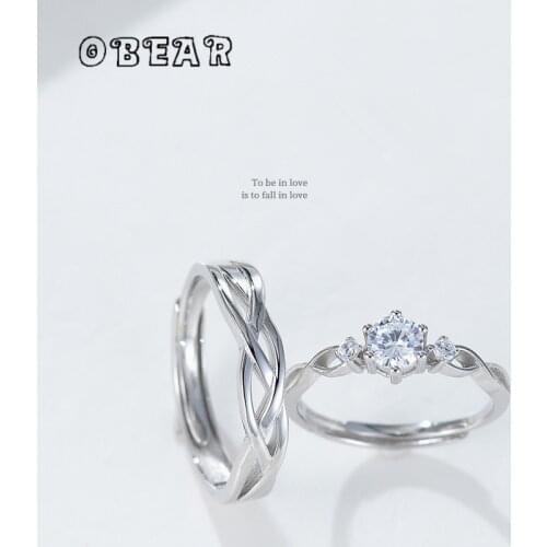 OBEAR 100% 925 Sterling Silver Simple Geometric Adjustable Shiny Zircon Wedding Ring Couple Engagement Jewelry Party Gift
