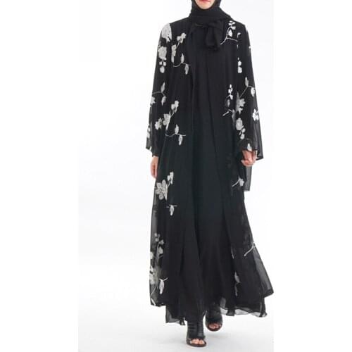 New black arab dubai abaya summer embroidered ladies kaftan dresses islamic long sleeve muslim dress islamic dress