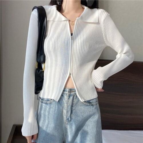 Knitted T Shirt Women Spring Autumn New Top Turn-Down Collar Tshirts Zipper Fashion Casual All Match Tee Shirt Femme Clothing