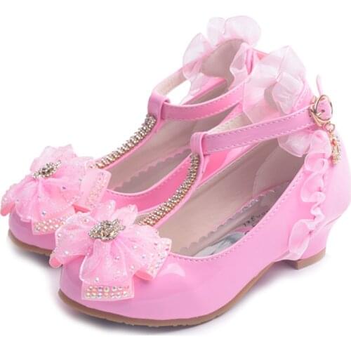 ULKNN Kids Shoes For Girl Dress Wedding Rhinestone Love Heart Pattern Butterfly Lace Mary Jane High Heel Children Princess Shoes
