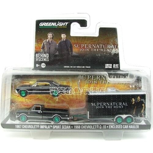 Greenlight 1/64 Evil force 1967 Chevrolet sport edition 1968 Impala C-10 with Enclosed car hauler Green machine alloy car model