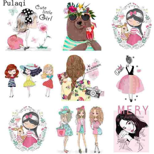 Pulaqi Iron Transfer Vinyl Stickers Iron On Heat Transfers For Clothes Cartoon Patches Washable Christmas Gift Girl Applique DIY