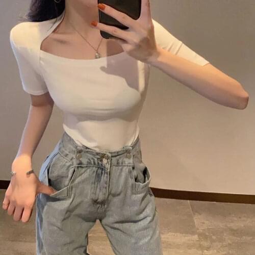 2021 Slim Sexy Short-sleeved Cotton T-shirt Women Ins Tide Net Solid Color Red Summer Design Exposed Clavicle Top