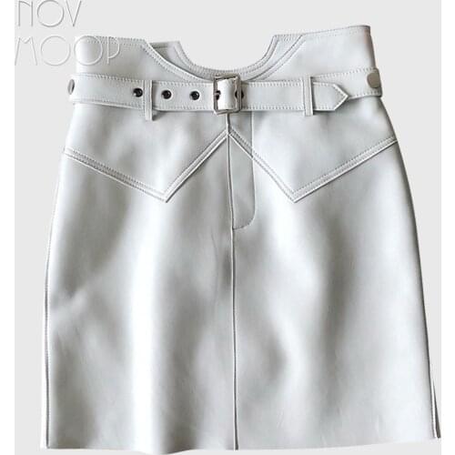 Novmoop American casual style women spring high waist sheepskin genuine leather mini skirt with sashes faldas mujer LT3034
