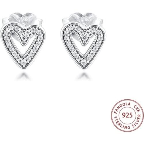 Authentic 925 Sterling Silver Sparkling Freehand Heart Stud Earrings for Women Earings Fashion Jewelry Ear Brincos Femme
