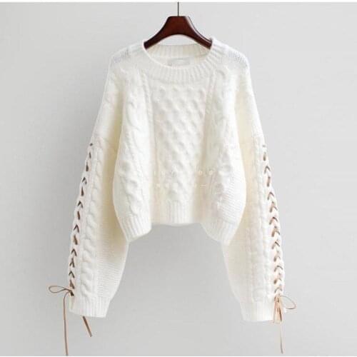 2021 autumn and winter new sweater fashion temperament loose pullover round neck solid color lace knitted top women all-match