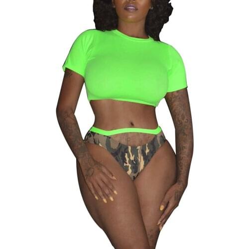 Women Two-piece Swimwear Sets Round Collar Short Sleeve Crop Tops and Panties Swimsuits Summer Ladies Swimming Clothing