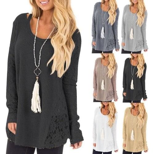 Womans Top Spring Autumn Solid Color Patchwork Lace T-Shirts O-Neck Long Sleeve T Shirts Womens Clothing 2021 Casual Y2K Tops