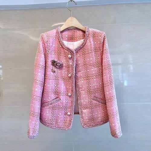 2020 Autumn Chic Ladys elegant plaid tweed coat Hot fashion womens O-neck pearls buttons tweed jackets C236