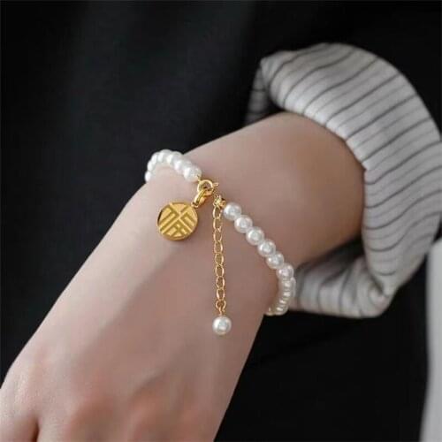 2021 New Chinese Style Lucky Letters Tag Pearl Bracelet For Women High Fashion Female Luxury Exquisite Wedding Party Jewelry