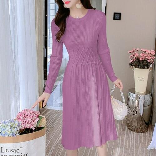 2021 New Autumn Winter O-Neck Knitted Midi Dress Elegant Women Long Sleeve Sweater Dresses Fashion Femme Clothes