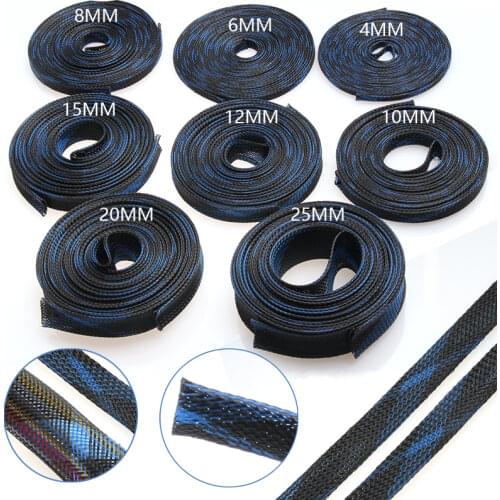 5/10M Cable Sleeve Blue&Black Expandable High Density Wire Protection PET Nylon Braided Sleeving Cables 2/4/6/8/10/12/15/20/25mm