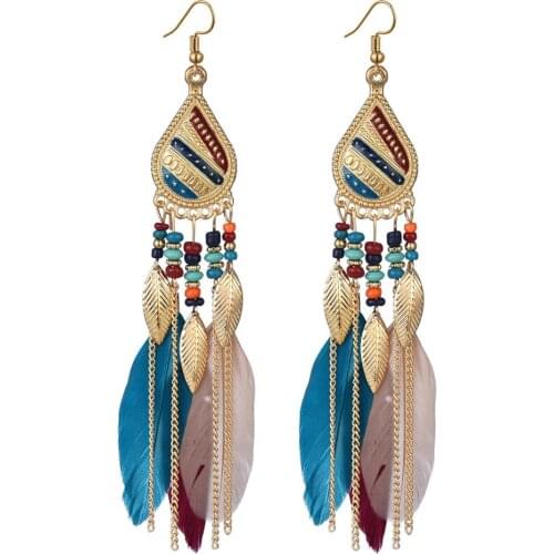 Ethnic Hippie Feather Earrings For Women Turkish Tribal Indian Boho Jewelry Resin Beads Drop Dangle Earrings Festival GIft