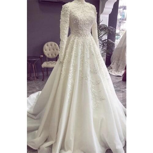 VLLUSISA Exquisite Satin Muslim Wedding Dresses High Neck Long Sleeves Arabic Bridal Gowns