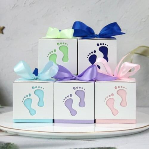25/50pcs Baby Foot Candy Box Baby Shower Carriage Paper Sweet Bag Footprints Party Favor Boxes Baptism Container Gift Boxes