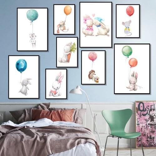 Rabbit Mouse Hedgehog Balloon Animals Nordic Posters And Prints Wall Art Canvas Painting Nursery Wall Pictures Kids Room Decor