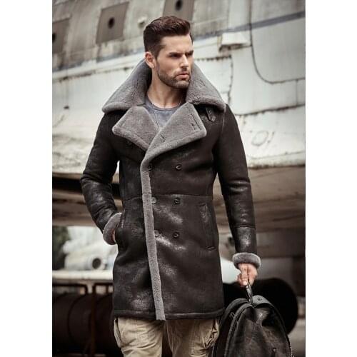 Mens Fur Shearling Sheepskin Genuine Leather Long Coat Jacket Mans B3 Bomber Coat Aviator Coat Outerwear Trench Flight Jacket