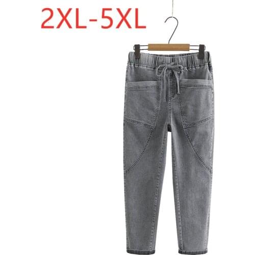 New 2021 Ladies Spring Summer Plus Size Harem Jeans For Women Large Loose Cotton Elastic Pocket Denim Belt Trousers 3XL 4XL 5XL